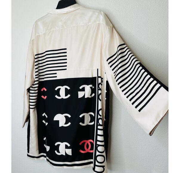 NWT Chanel 100% Silk Ecru Multi-Color Chanel Logo Jacket 42 / L - Picture 6 of 16